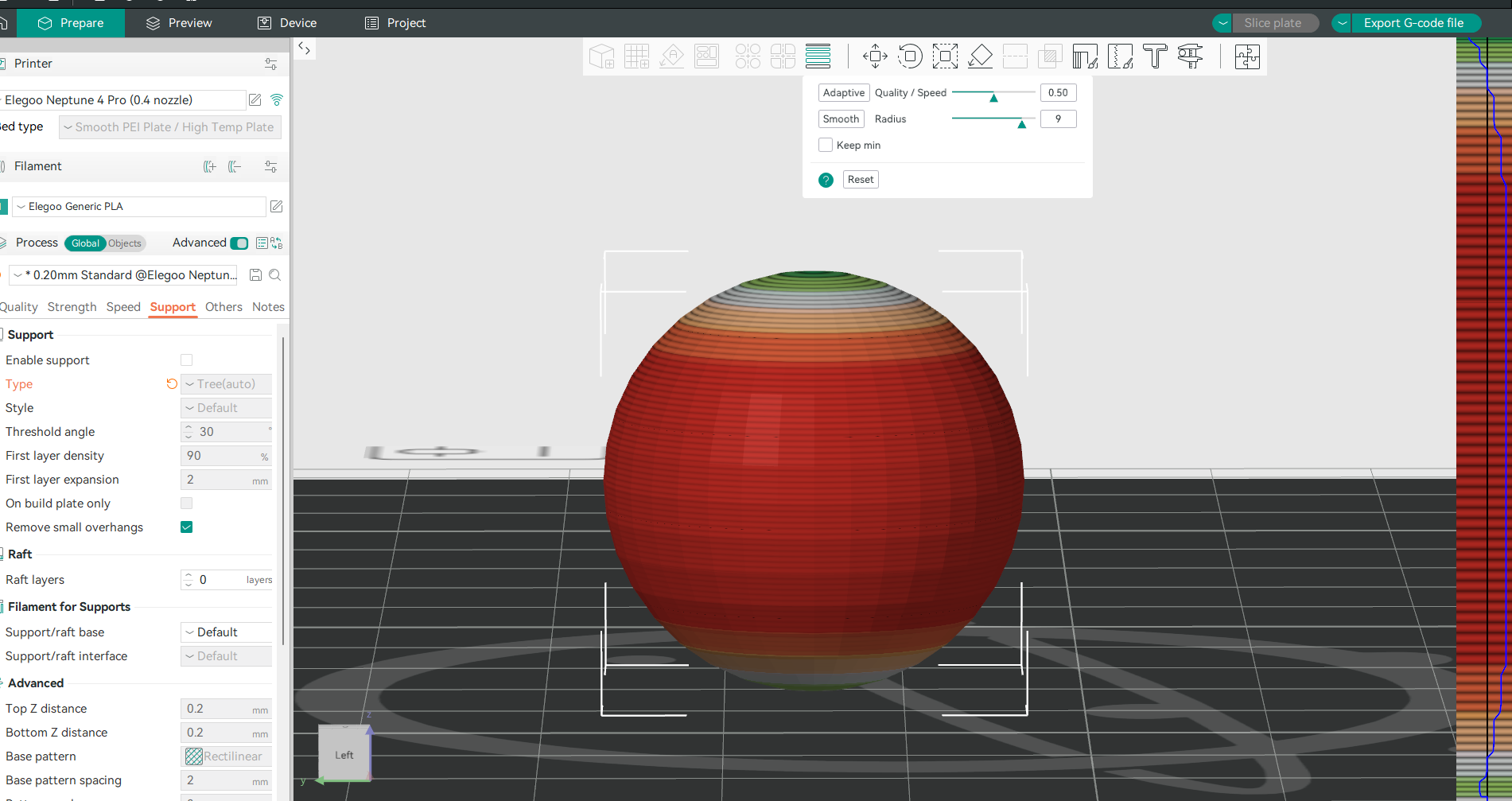 Variable layer height panel showing layer height distribution