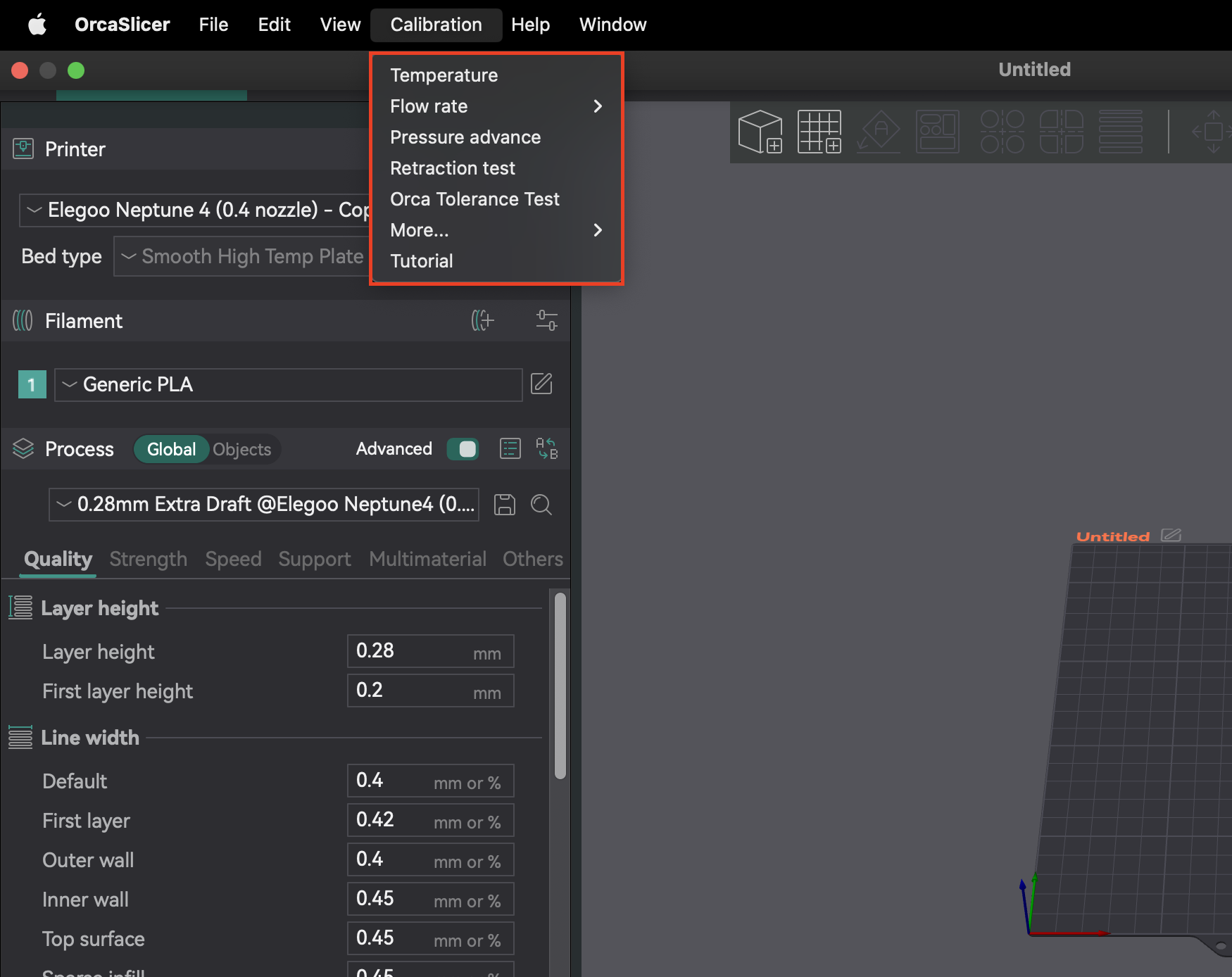 OrcaSlicer 'Calibration' menu dropdown OrcaSlicer "Calibration" menu dropdown