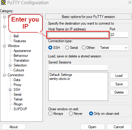 Enter the printer’s IP address in the SSH client 