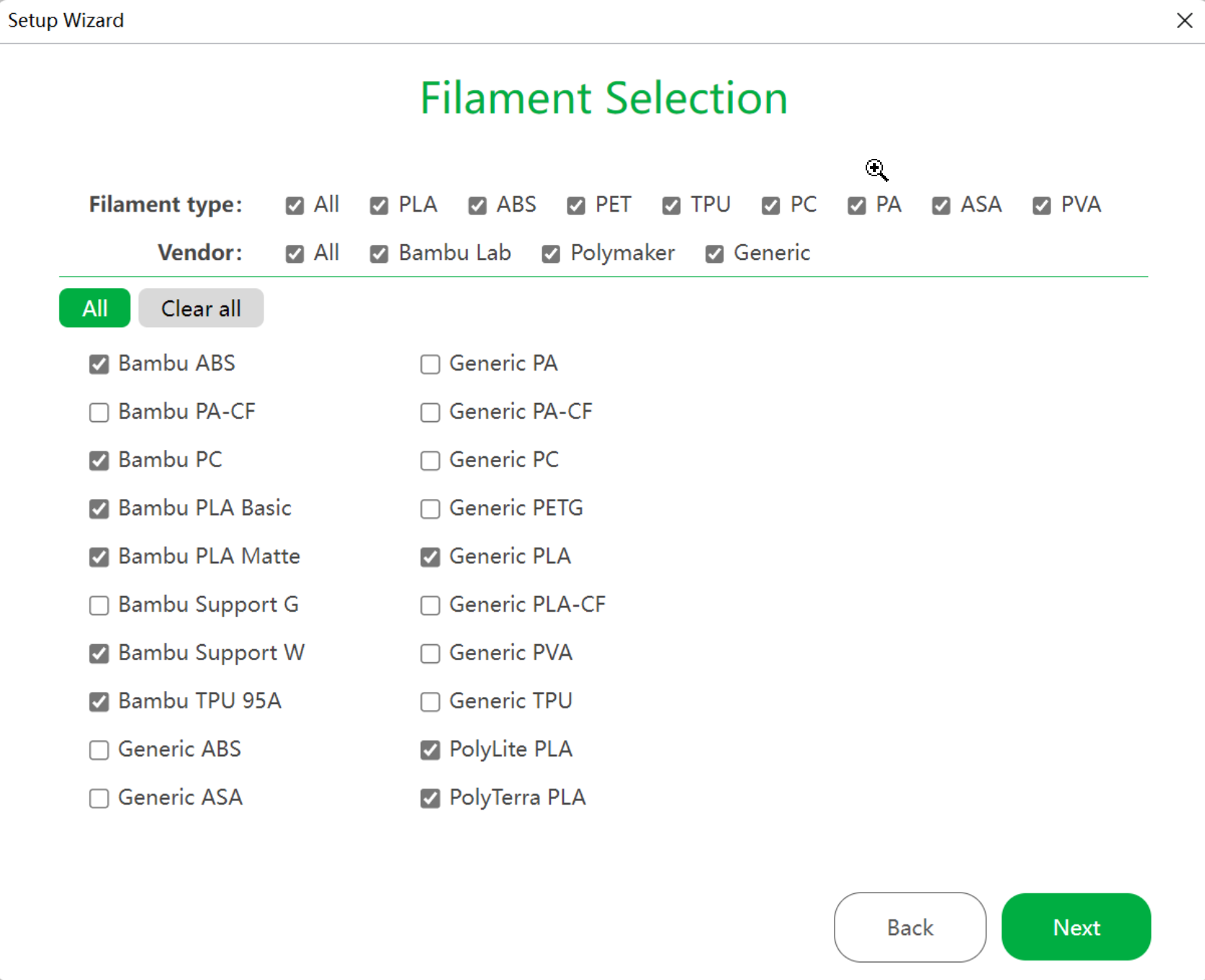 Filament seclection Bambu Studio