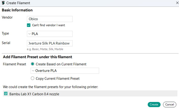 Inputting filament details