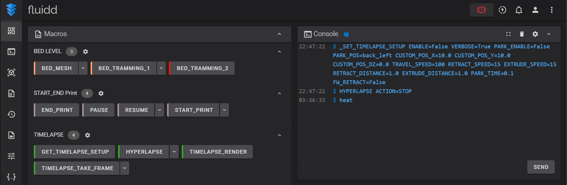 Klipper macros in Fluidd interface