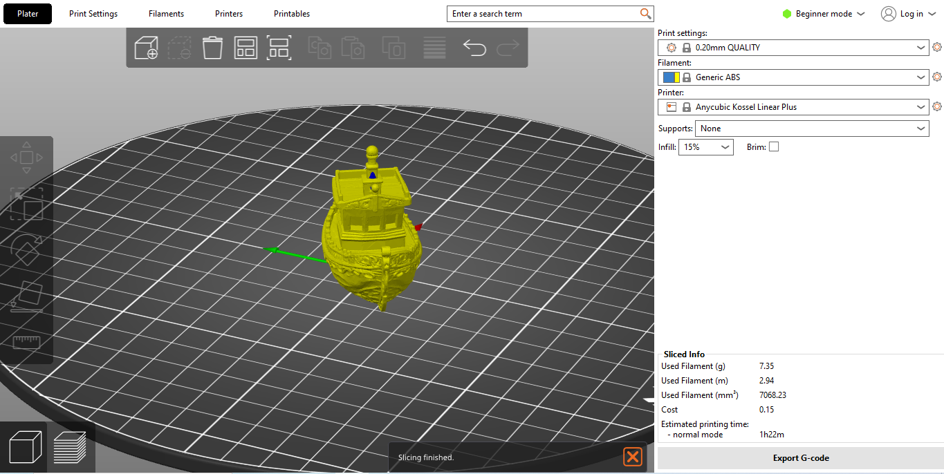 Prusaslicer ui with printatbles detailed benchmark boat print