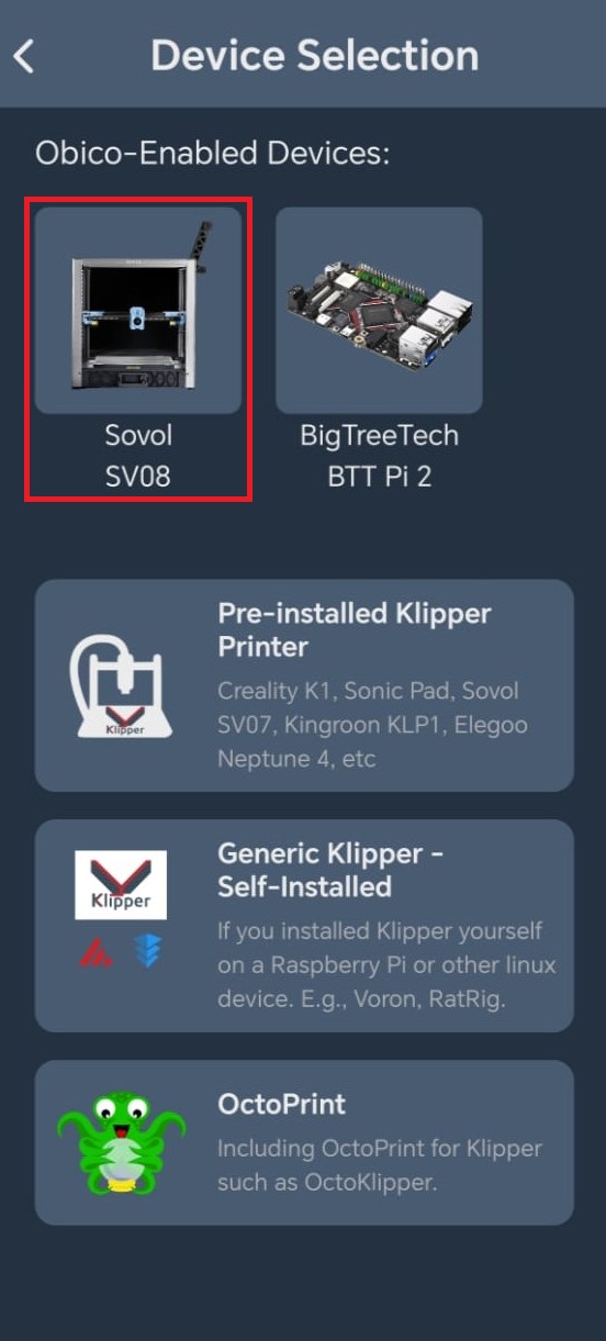 Select Sovol SV08 Obico app