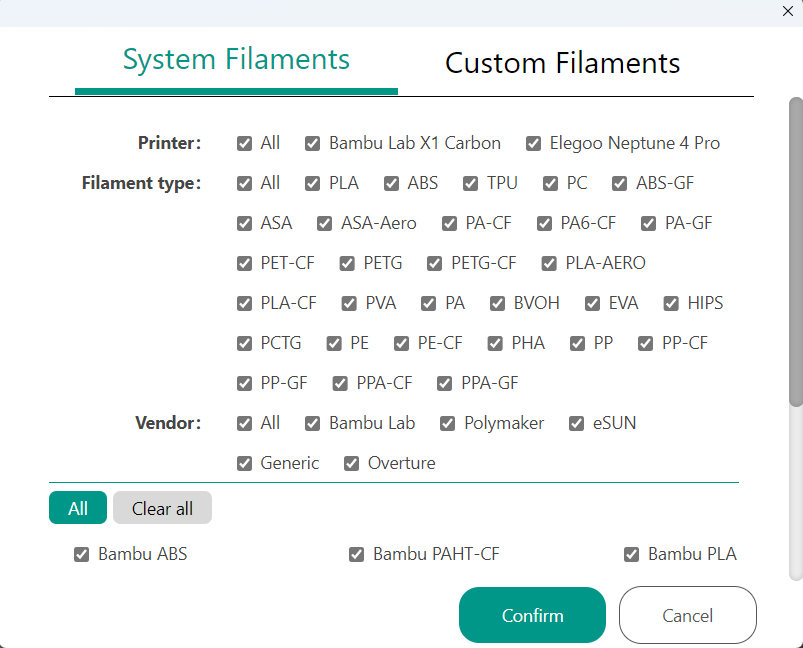 Pre-configured filament profiles in Orca Slicer