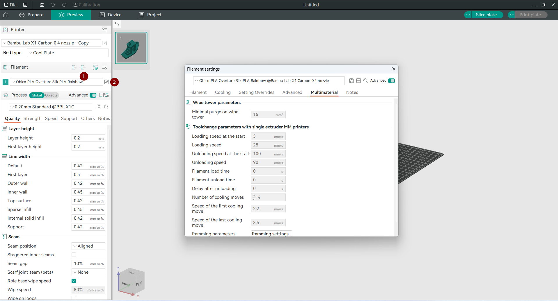 Opening the filament settings window